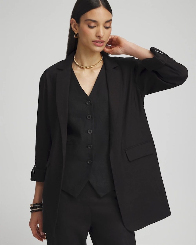 Linen Blend Stretch Roll Tab Blazer
